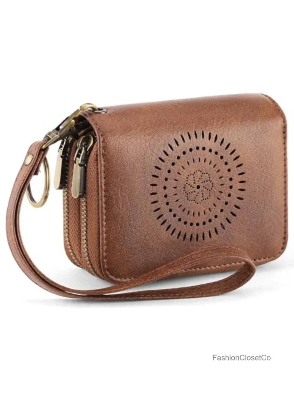 Leather RFID Blocking Double Zipper Wristlet Card Holder with ID Window